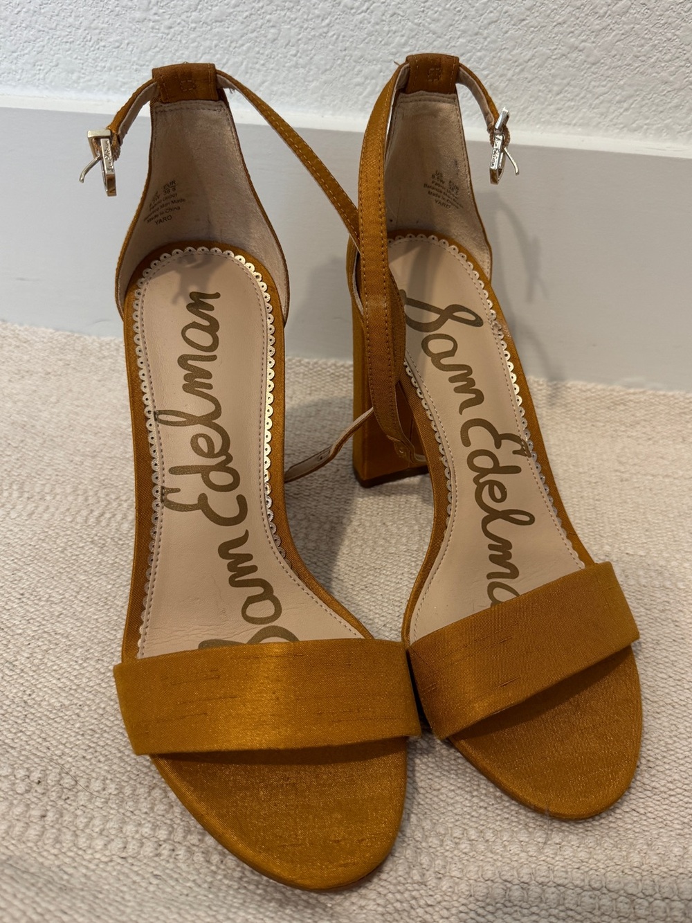 Sam Edelman Satin Block Heel Sandals in Amber Gold 8.5